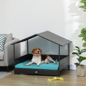Wicker pet bed with soft cushion and washable cover, blue