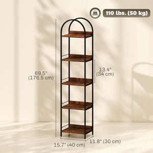 Narrow 5-tier arched bookshelf with metal frame – Rustic brown and black