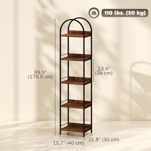Narrow 5-tier arched bookshelf with metal frame – Rustic brown and black