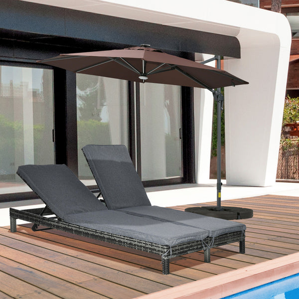 Double wicker chaise longue with adjustable backrest and cushions, black and grey