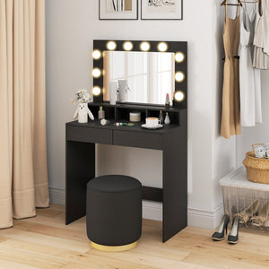Dressing table with LED lighting mirror, charging station and drawers, black
