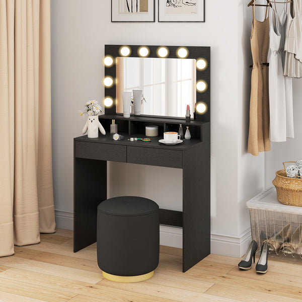 Dressing table with LED lighting mirror, charging station and drawers, black