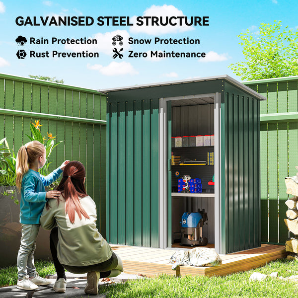 Garden shed with sliding door and sloping roof, steel frame, green