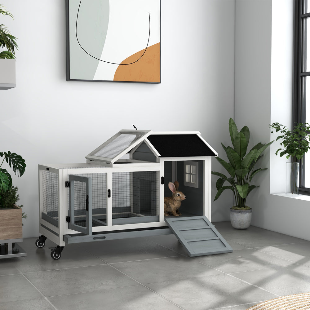 Rabbit hutch with wheels, ramp, run, and tray, gray