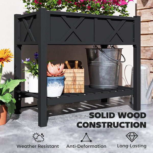 Wooden Raised Bed with Storage Shelf, Drainage Holes and Liner, 86 x 45 x 76 cm, Black