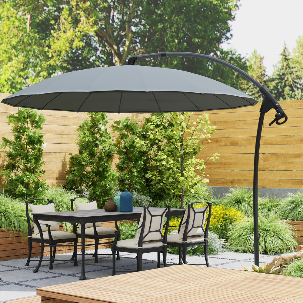 2.7m Cantilever Umbrella with 16 Fiberglass Ribs, Offset Hanging Umbrella, Patio Umbrella with Crank and Cross Base, Grey