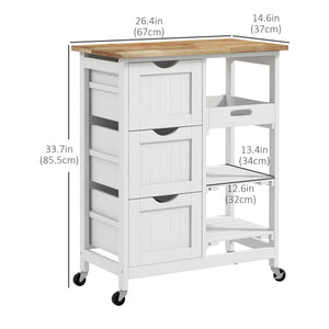 Kitchen trolley on castors with wooden top, 3 drawers and shelves, white