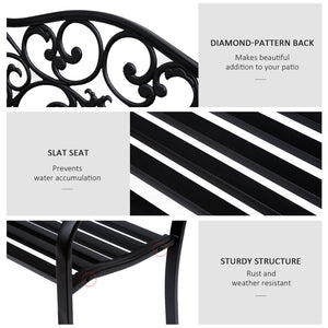 Outdoor garden bench with vintage floral pattern, cast metal, black