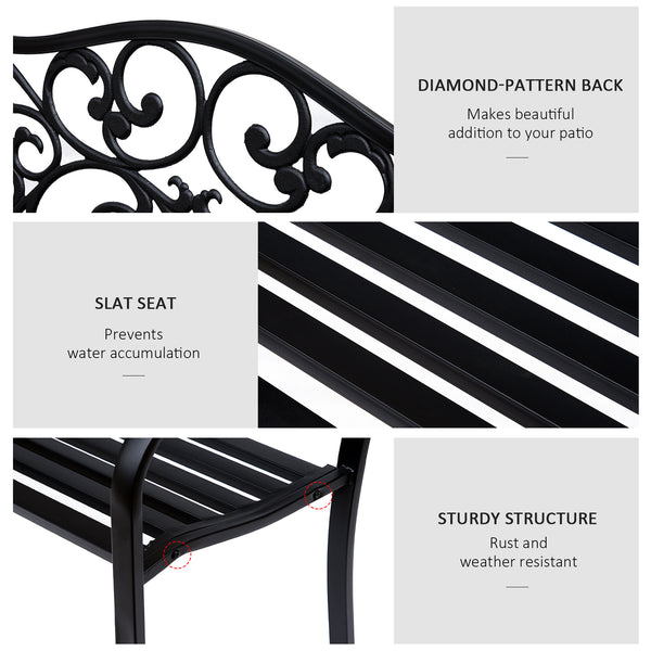 Outdoor garden bench with vintage floral pattern, cast metal, black