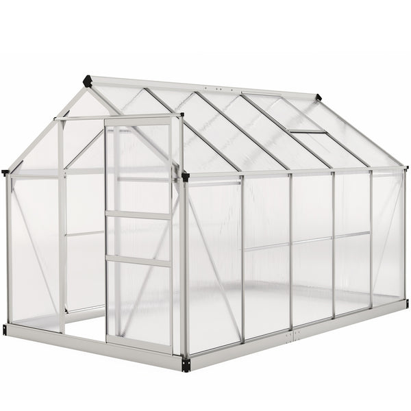 Polycarbonate greenhouse with gutter, vents and sliding door, silver color