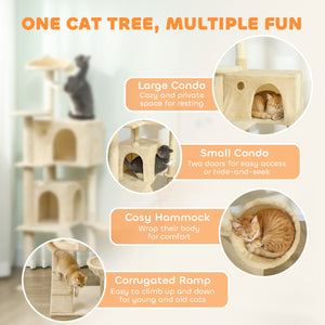 160cm Cat Tree with Scratching Posts, Cabins, Soft Perches, Hammock, Ladder, Beige