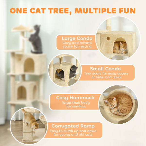 160cm Cat Tree with Scratching Posts, Cabins, Soft Perches, Hammock, Ladder, Beige
