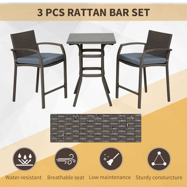 3 Piece Wicker Garden Bar Set, Synthetic Rattan Table and Stools with Seat Cushion, Grey