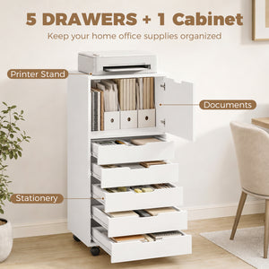 5-drawer mobile file cabinet and storage unit, white