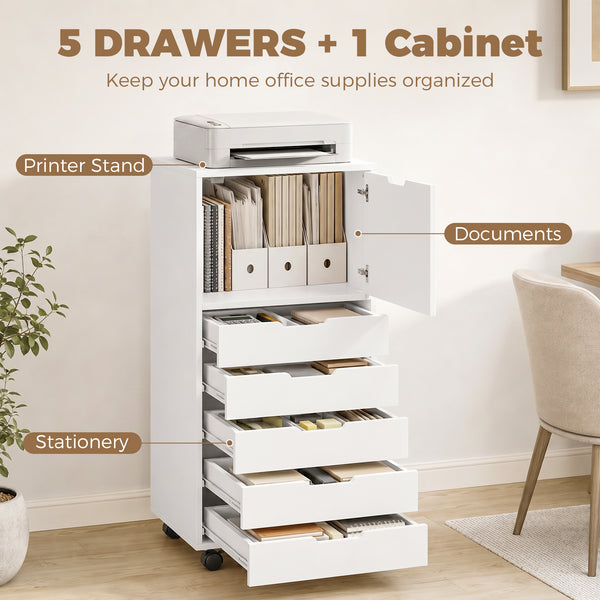 5-drawer mobile file cabinet and storage unit, white