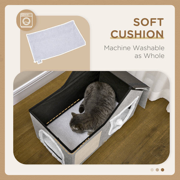 Cat house with soft cushion, scratching post, hanging ball and double entrance, grey.