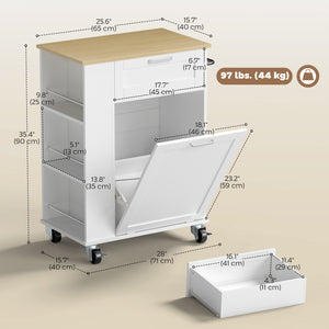 Mobile kitchen island with tilt bin compartment, drawer and storage