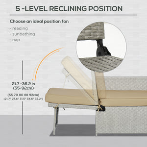 5PC Wicker Patio Lounger, Outdoor PE Rattan 5-level Adjustable Recliner Sofa Bed with Storage Side Table and Footstools, for Patio, Garden, Poolside, Khaki