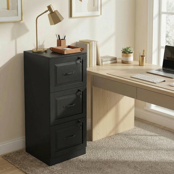 3-drawer vertical filing cabinet with lock, A4 and Letter compatible, black. Adjustable hanging rails.