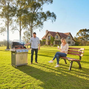Two-seater garden bench in aluminium and wood with slatted backrest