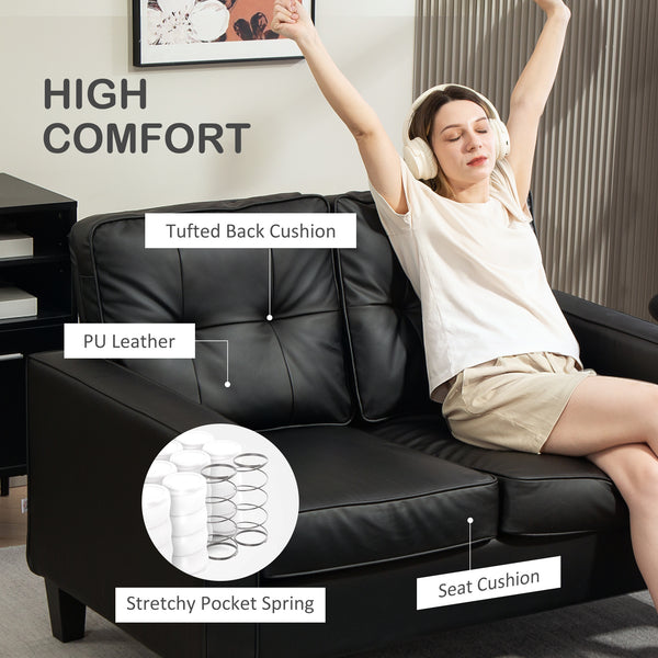 Double Upholstered Faux Leather Loveseat with Armrests, Black