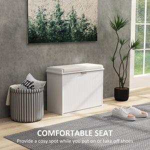 Hallway bench with upholstered seat and drop-down drawers, white