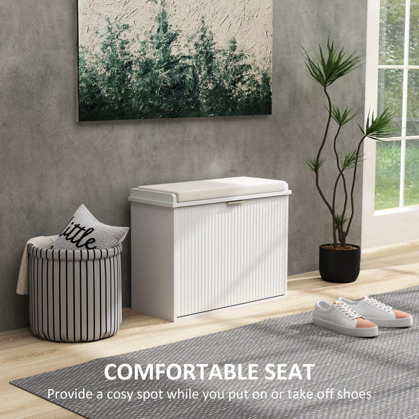 Hallway bench with upholstered seat and drop-down drawers, white