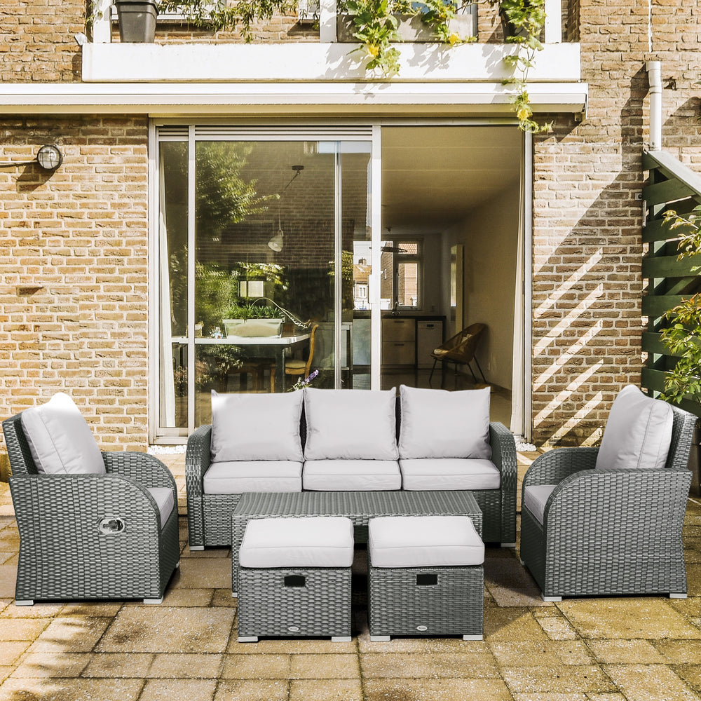 6-Piece Outdoor Dining Set with Cushions, PE Wicker Rattan Corner Sofa with 3-Seater Sofa, 2 Recliner Armchairs, 2 Footstools and Table, Grey
