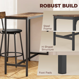 Bar table with 2 upholstered stools, rustic brown