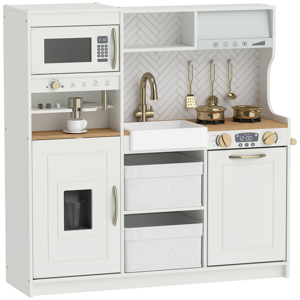 Children's play kitchen with coffee machine, ice dispenser and storage, white