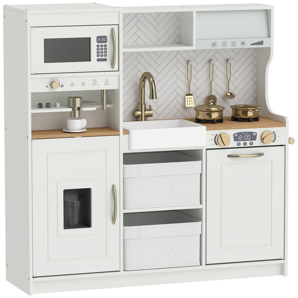 Children's play kitchen with coffee machine, ice dispenser and storage, white