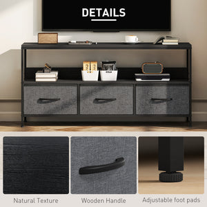 Black and charcoal gray TV stand for televisions up to 55 inches with 3 drawers