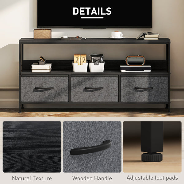 Black and charcoal gray TV stand for televisions up to 55 inches with 3 drawers