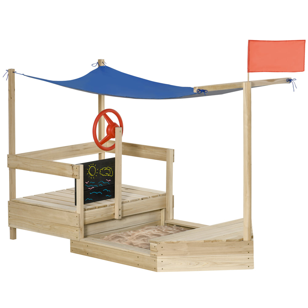 Wooden sandbox with lid, flag and bottom liner, natural wood
