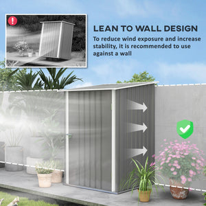 Lean-to garden shed in galvanized steel with lockable door, grey