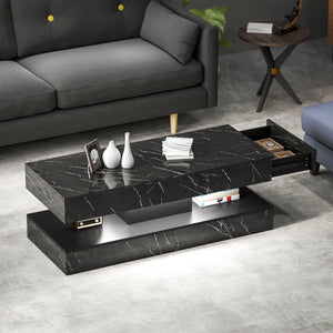 Coffee table with adjustable LED lighting, 2 drawers, open shelf, remote control, glossy black marble effect finish.