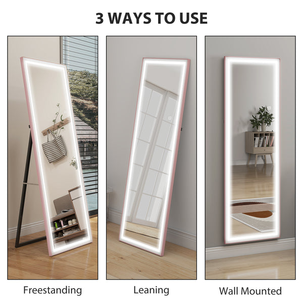 64" LED full-length mirror with adjustable lighting and two-tone white and pink frame