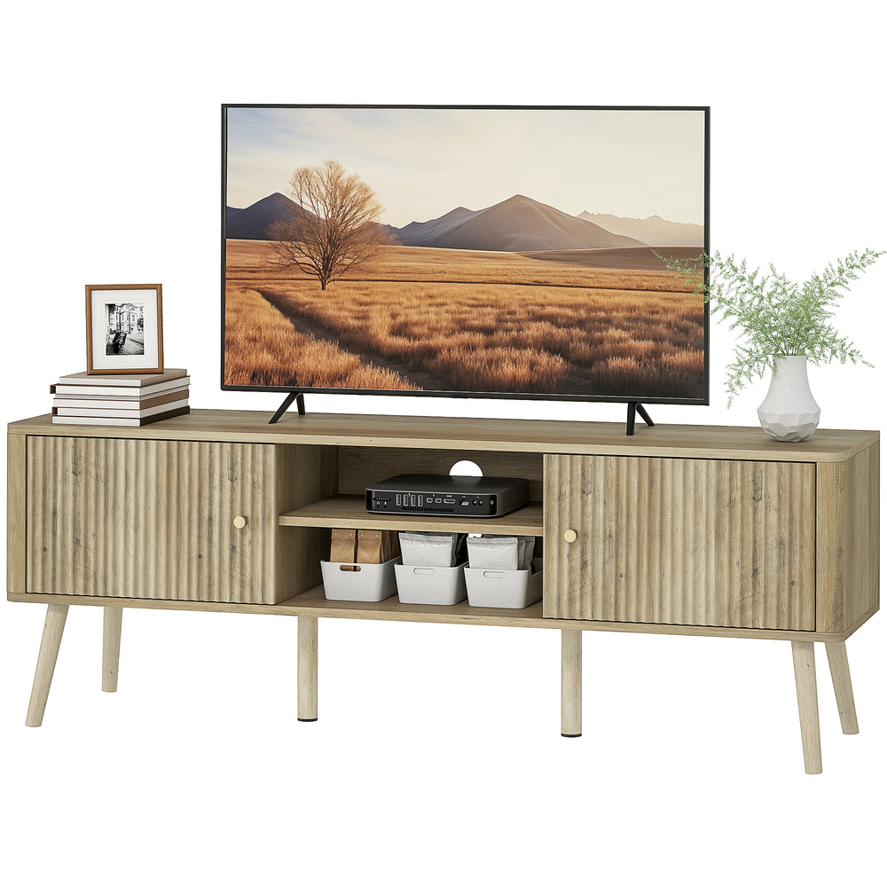 65-inch TV stand with adjustable shelves and pine, oak legs