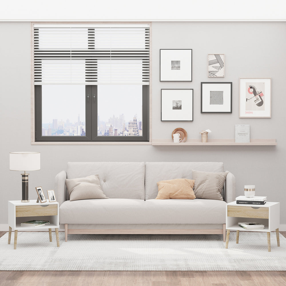 Set of 2 bedside tables with drawer and shelf, white