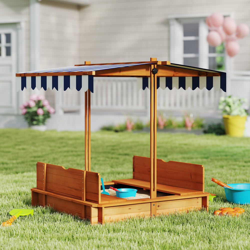 Wooden sandbox with cover, folding benches and adjustable canopy