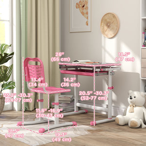 Height Adjustable Study Table and Chair Set with Drawer, Pink