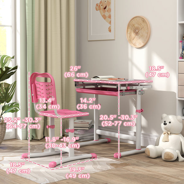 Height Adjustable Study Table and Chair Set with Drawer, Pink
