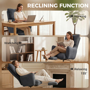 155° Reclining ergonomic office chair with footrest and padded seat, gray