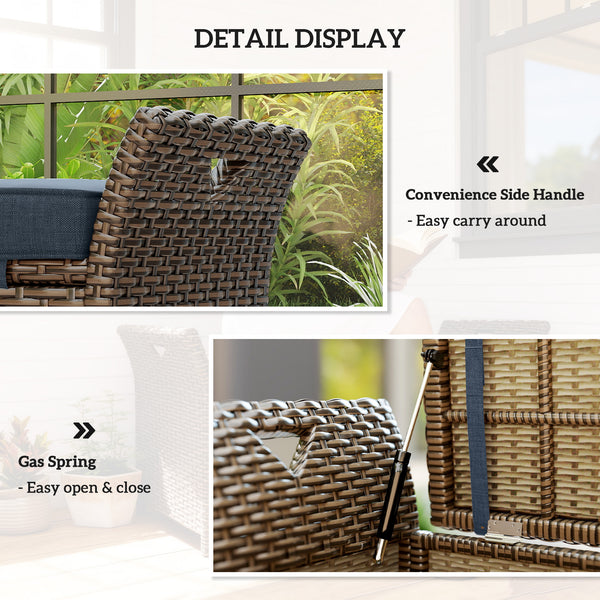 2-in-1 outdoor wicker storage bench with handles and cushion, navy blue