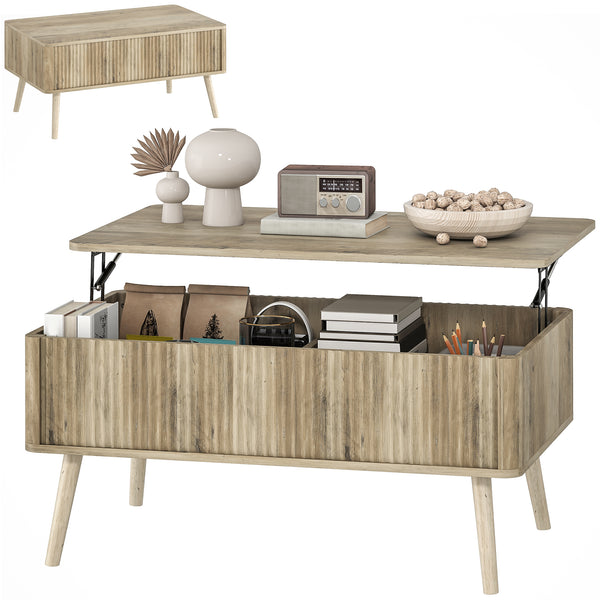 Lift-up coffee table with storage, oak