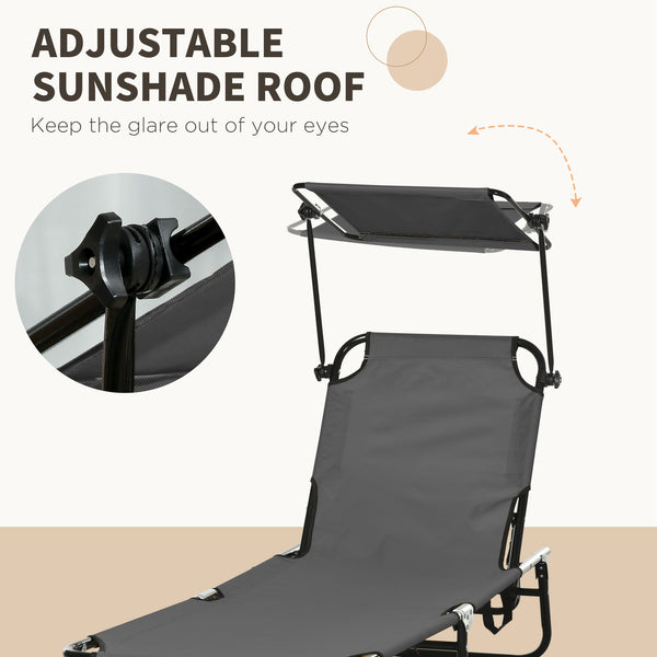 Set of 2 reclining sun loungers with parasol for beach and terrace, dark grey