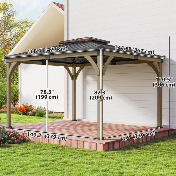 12' x 14' gazebo with rigid galvanized steel roof, wooden frame, double roof, light walnut color