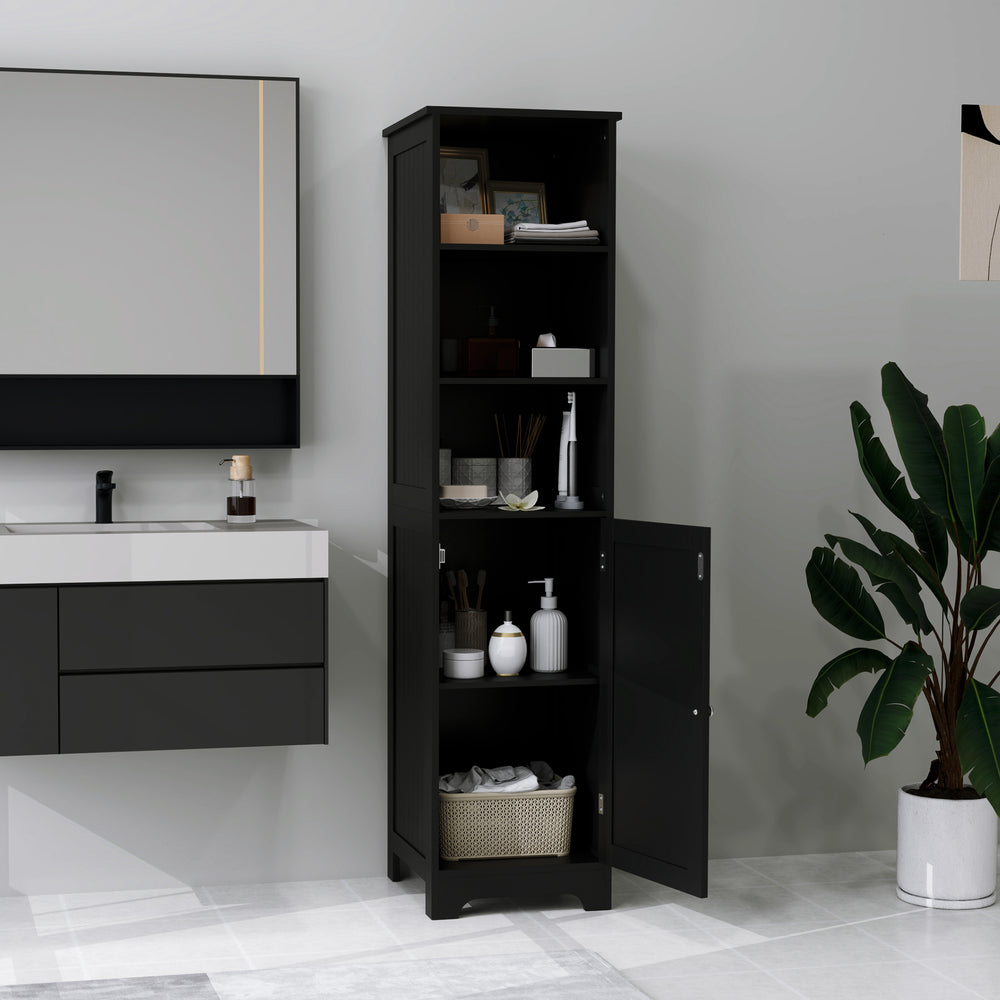 Tall Bathroom Storage Cabinet with Adjustable Shelf, 3 Open Shelves, Black