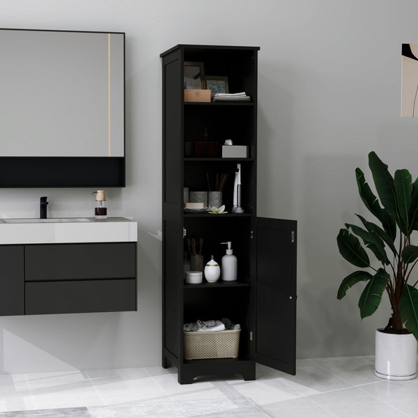 Tall Bathroom Storage Cabinet with Adjustable Shelf, 3 Open Shelves, Black