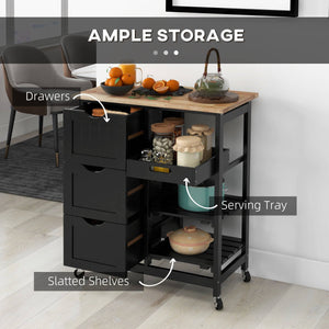 Kitchen trolley on wheels, kitchen island with wooden top, 3 drawers and shelves for dining room, black